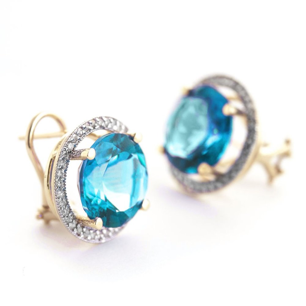 14k Gold Earrings with Diamonds & Blue Topazes - Picture 4 of 8